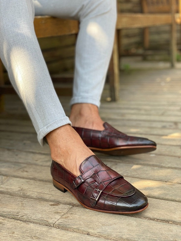 Burgundy loafer/monk shoe Burgundy Monk Strap Shoes in Box Calf and Shark Skin  main image 4