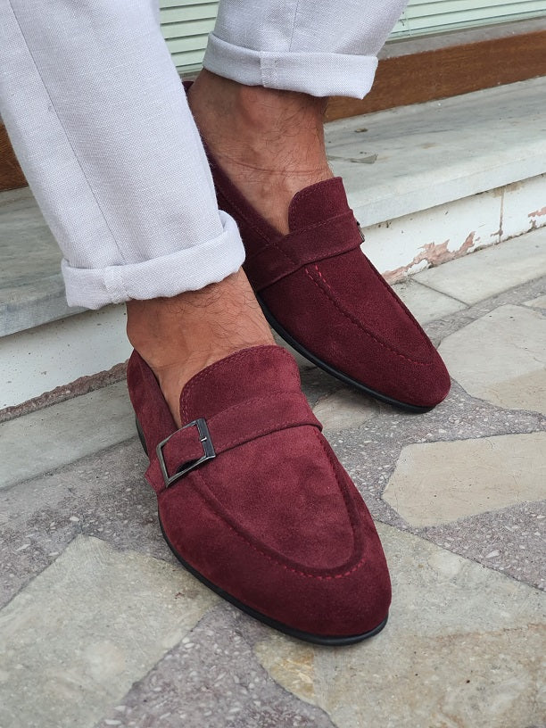 Burgundy Suede Buckle Loafers for Men 42 Burgundy Suede Buckle Loafers for Men 42