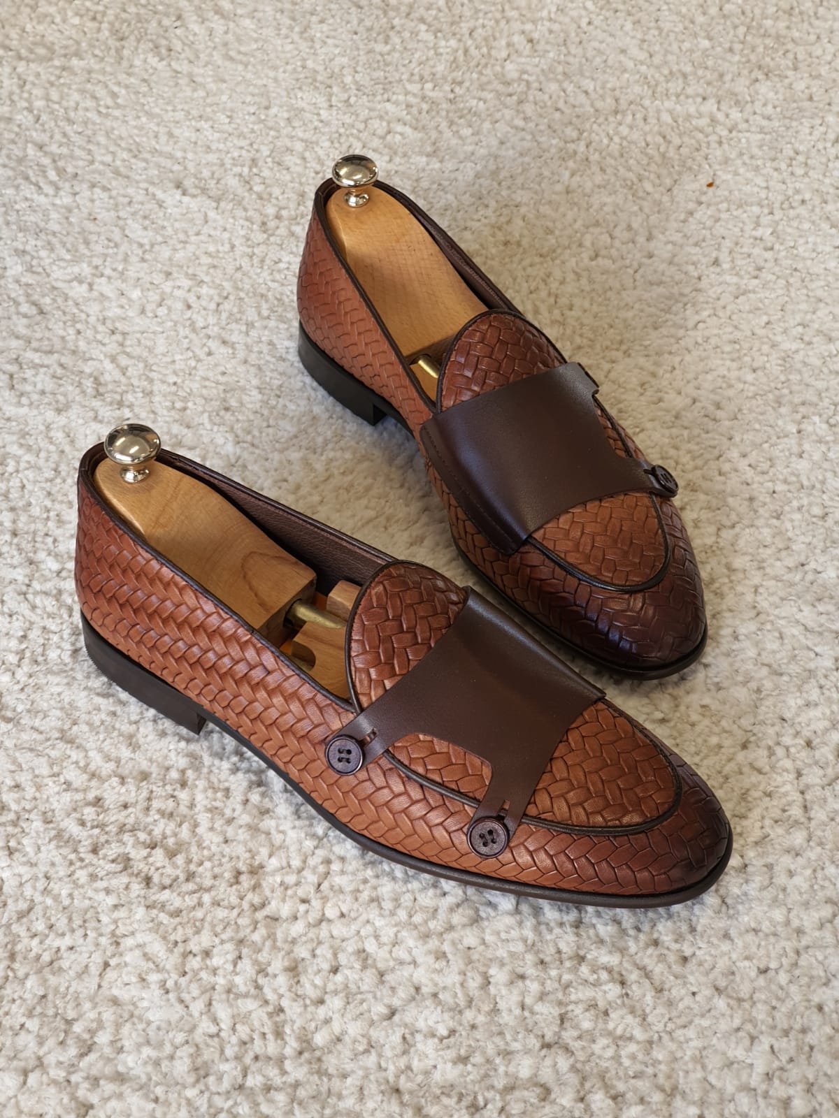 Woven Leather Tan Double Monk Strap Loafers for Men – SARDINELLI display picture 3