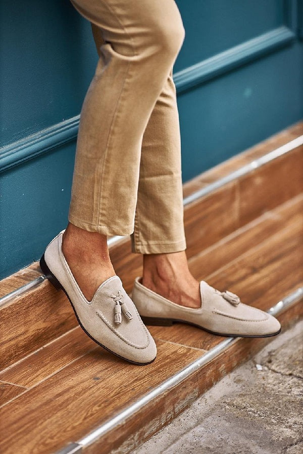 Beige Suede Tassel Loafers for Men – SARDINELLI display picture 1