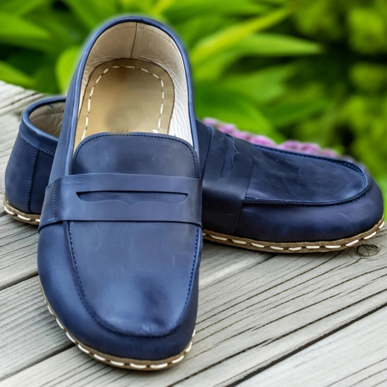 mens navy blue dress loafers Men's Handmade Navy Blue Barefoot Penny Loafers 10