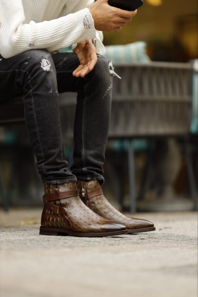 Men\'s Brown Crocodile -Embossed Chelsea Boots Stylish Brown Chelsea Buckle Boots for Men | Elegant Leather  main image 4