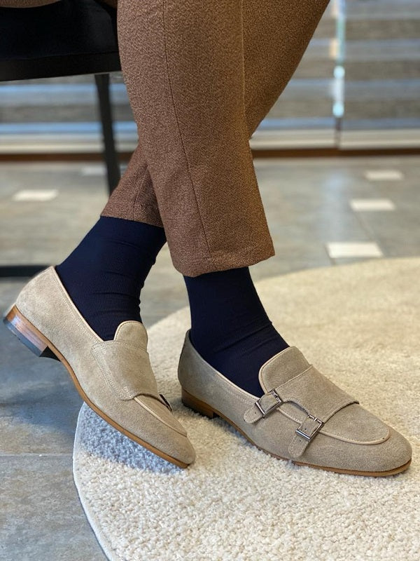 Beige Suede Double Monk Strap Loafers for Men – SARDINELLI display picture 3