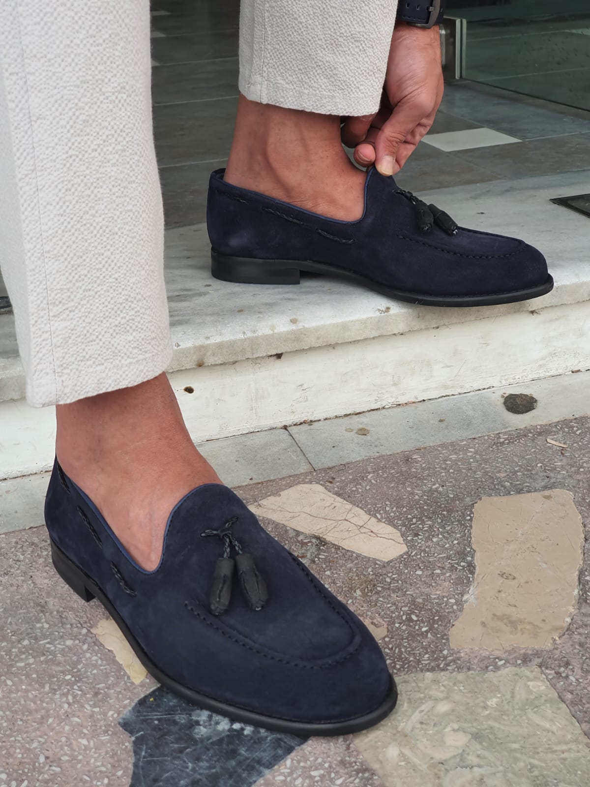 mens navy blue suede dress shoes Navy Suede Tassel Loafers for Men 41