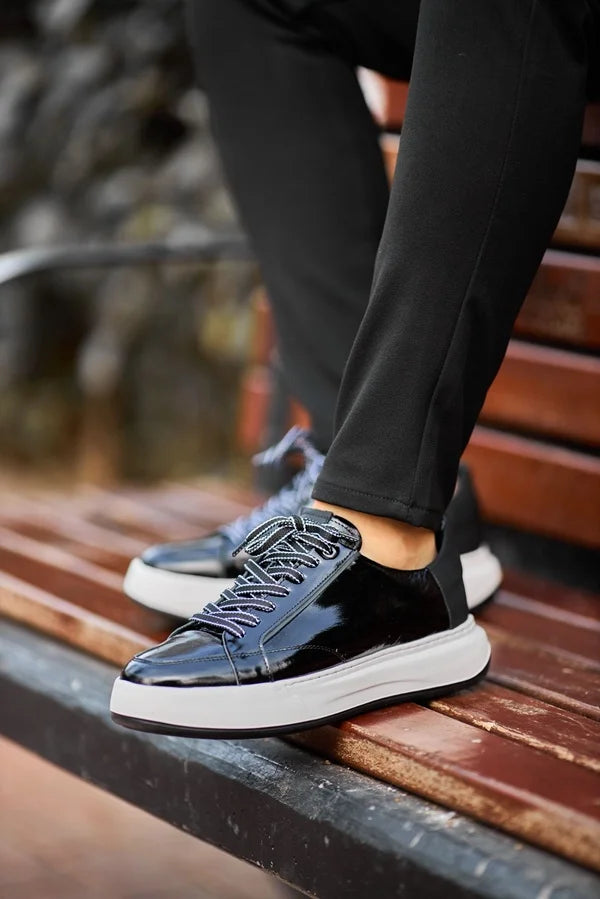 Black Patent Leather Lace Up Sneakers - Shiny Dress Shoes 41 Black Patent Leather Lace Up Sneakers - Shiny Dress Shoes 41