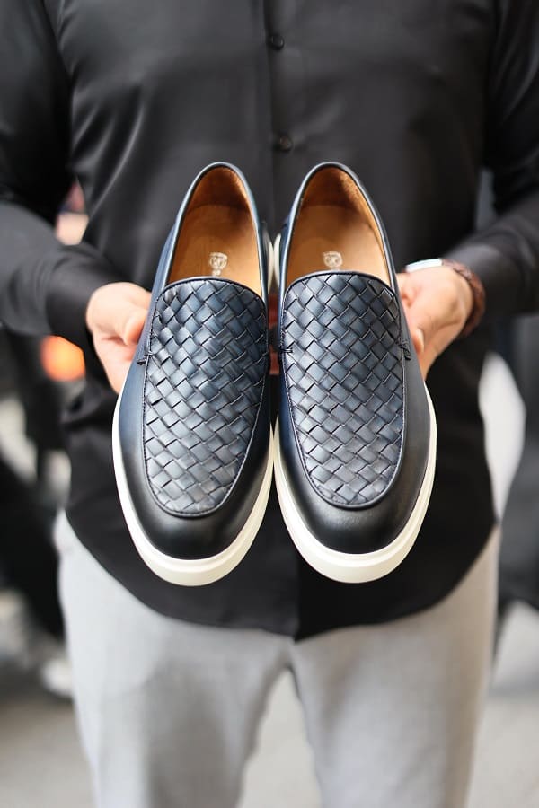 woven leather dress shoes men Forli Black Woven Loafers