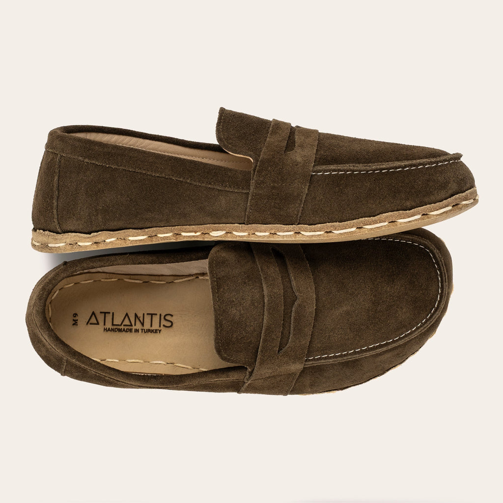 Men's Khaki Green Suede Penny Loafers