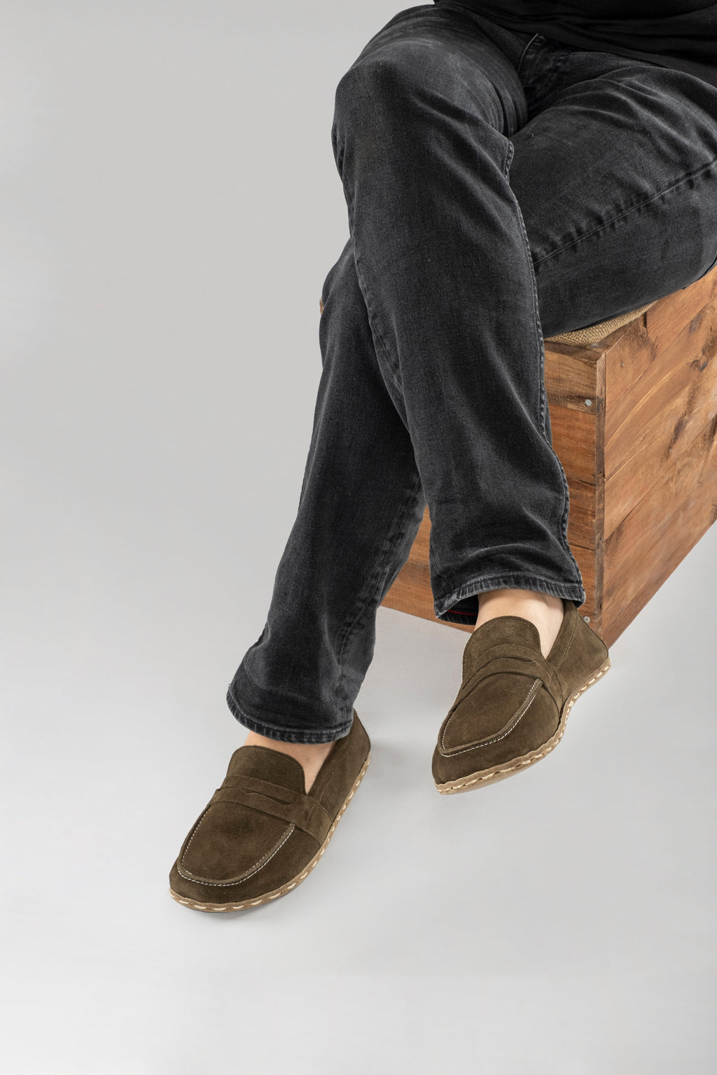 Men's Khaki Green Suede Penny Loafers