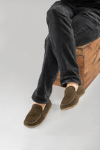 Men's Khaki Green Suede Penny Loafers