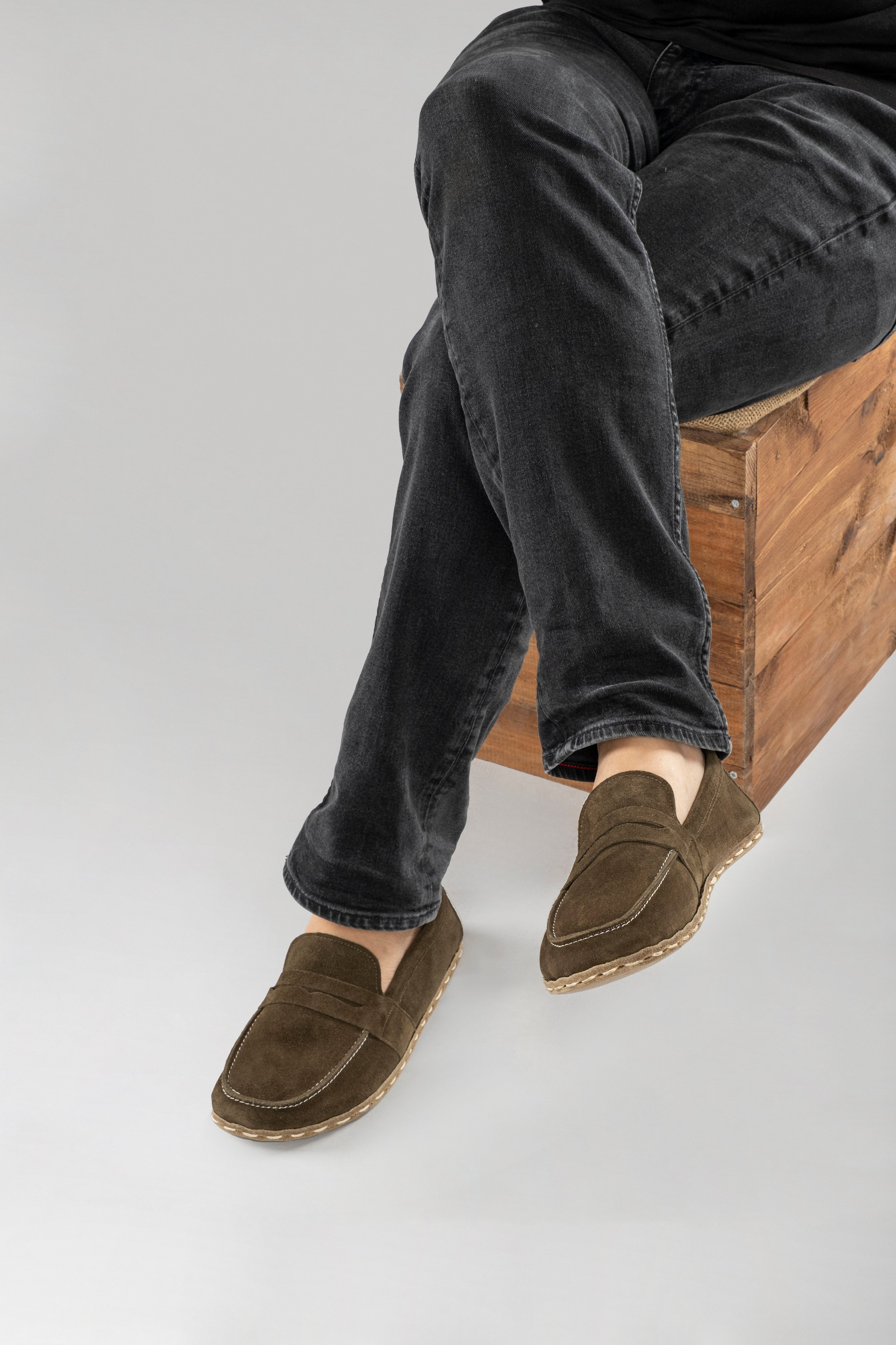 Men's Khaki Green Suede Penny Loafers