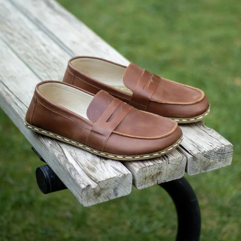 Men's Handmade Brown Barefoot Penny Loafers 14