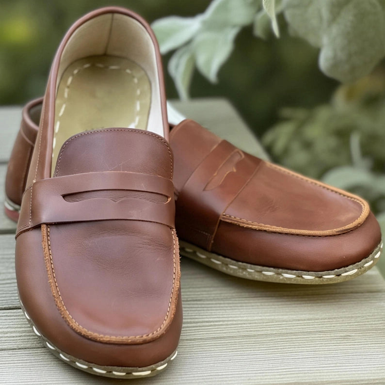 Sardinelli Men's Handmade Brown Barefoot Penny Loafers