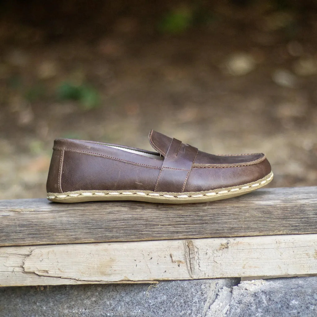 Sardinelli Men's Handmade Coffee Brown Barefoot Penny Loafers