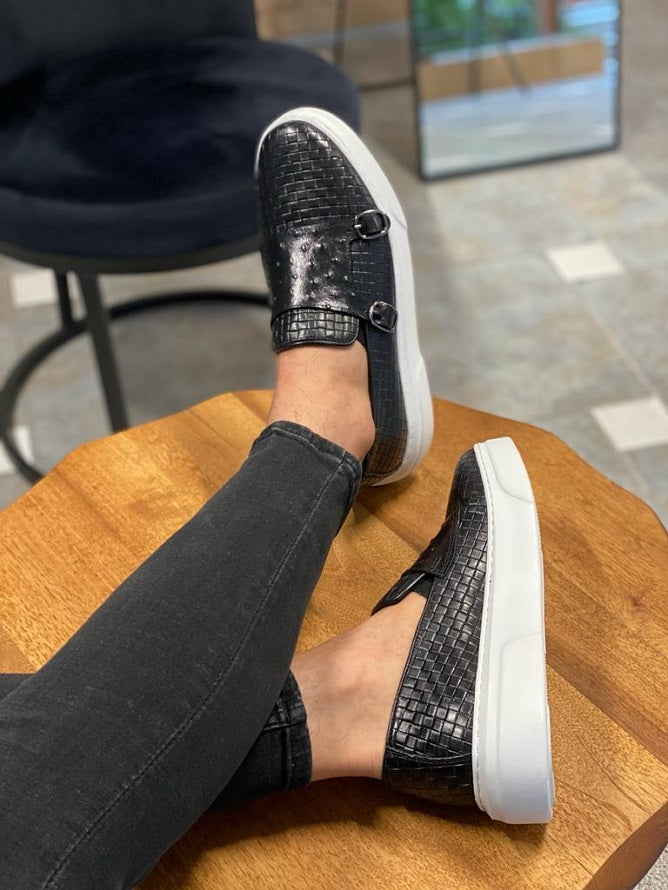 Sardinelli Aarberg Woven Leather Black Monk Strap Loafers