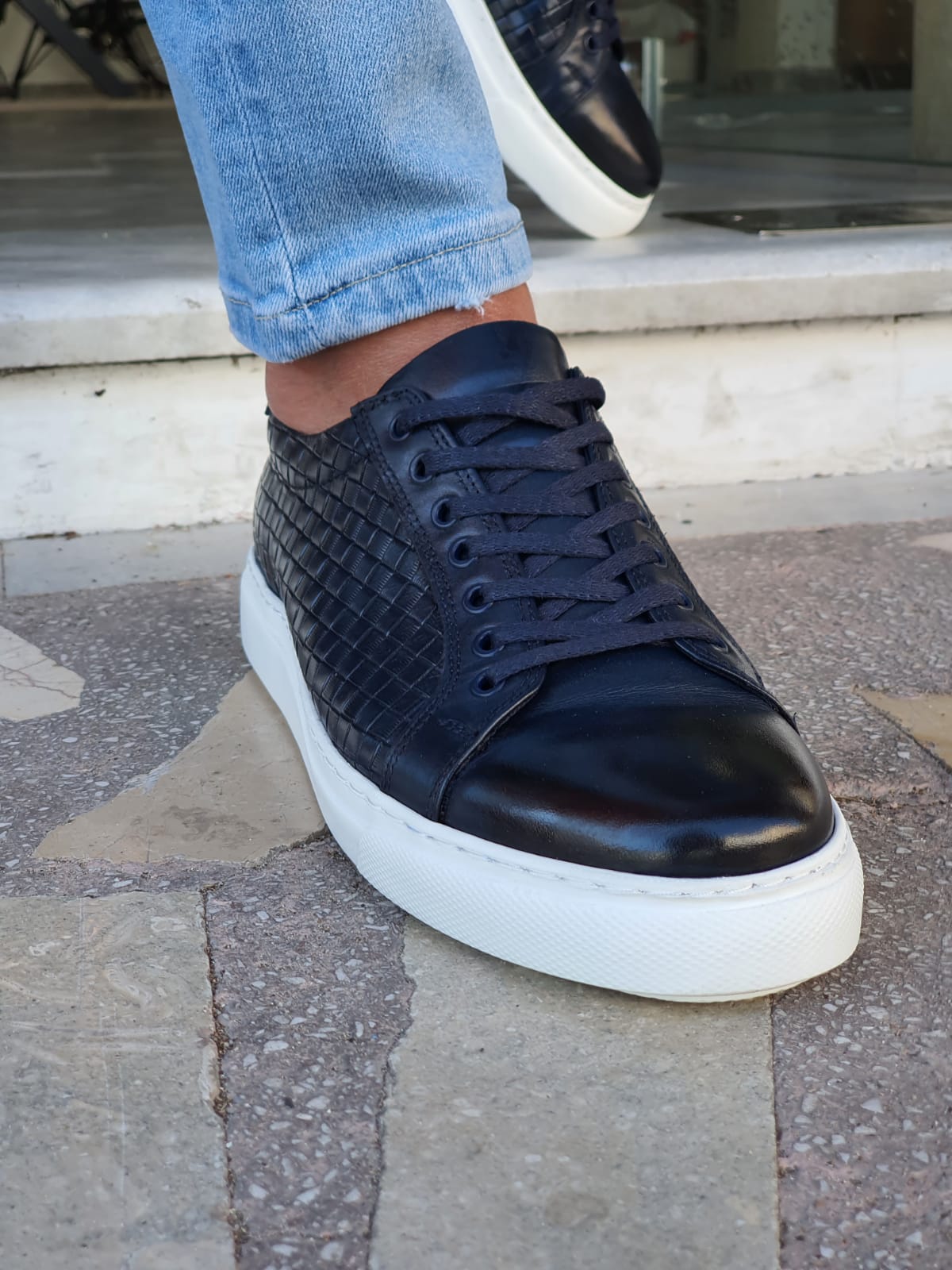 Sardinelli Aarau Navy Blue Woven Pattern Low-Top Sneakers