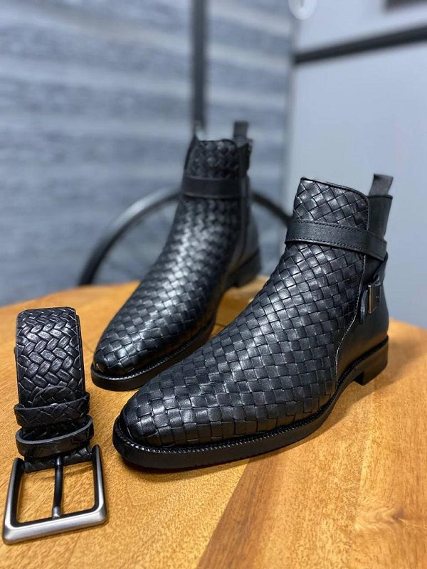 Sardinelli Bilbao Black Woven Leather Buckle Chelsea Boots