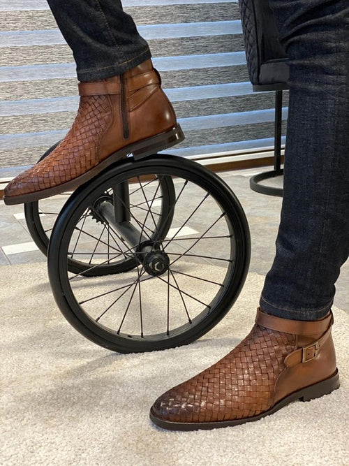 Sardinelli Bilbao Brown Woven Leather Buckle Chelsea Boots
