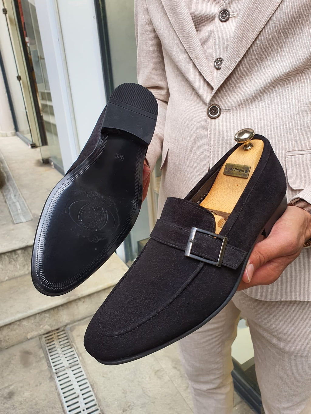 Sardinelli Bitonto Black Suede Buckle Loafers