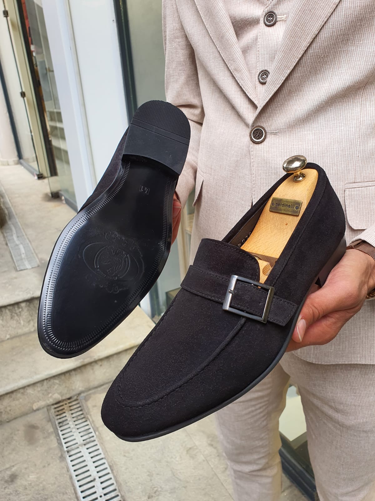 Sardinelli Bitonto Black Suede Buckle Loafers