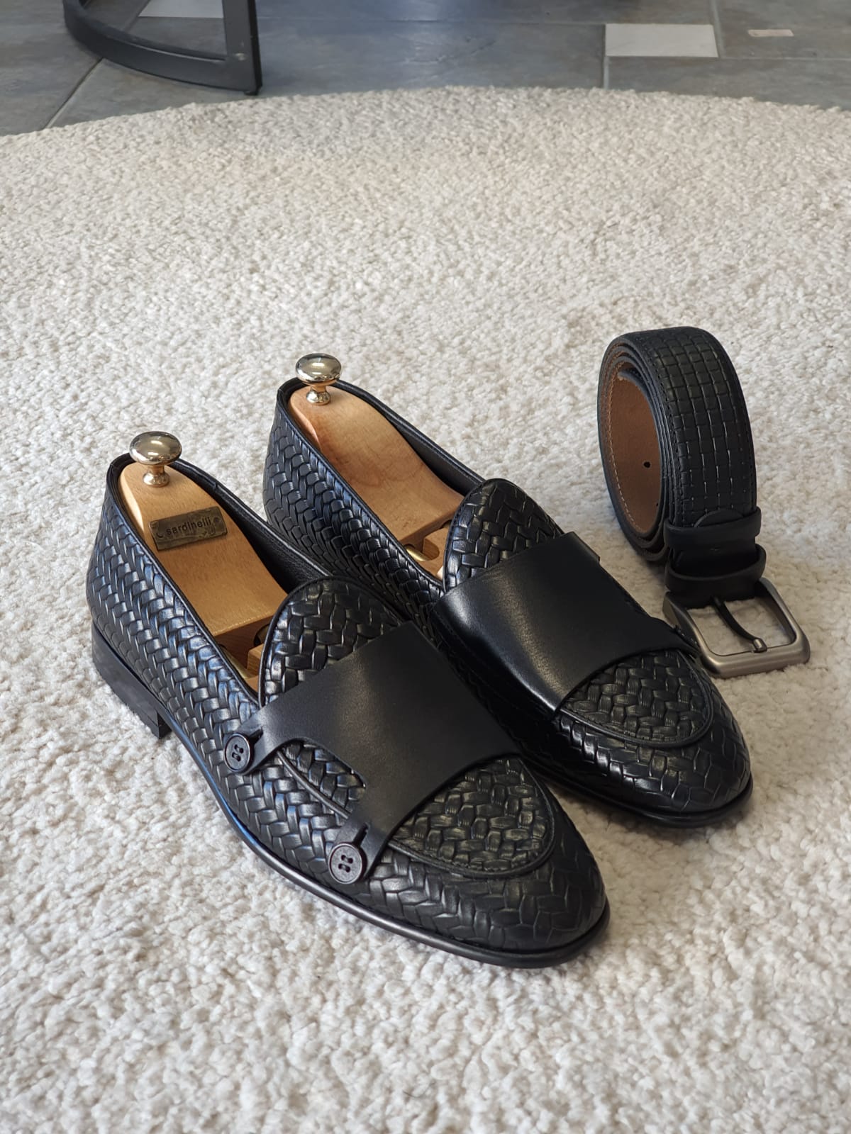Sardinelli Cuneo Black Woven Leather Double Monk Strap Loafers