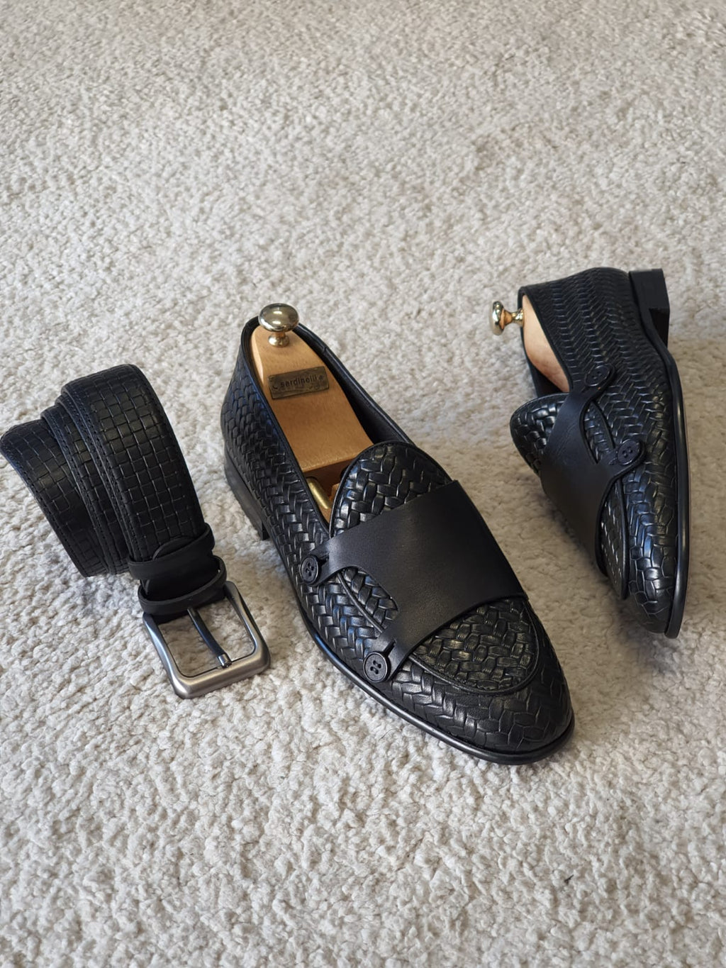 Sardinelli Cuneo Black Woven Leather Double Monk Strap Loafers