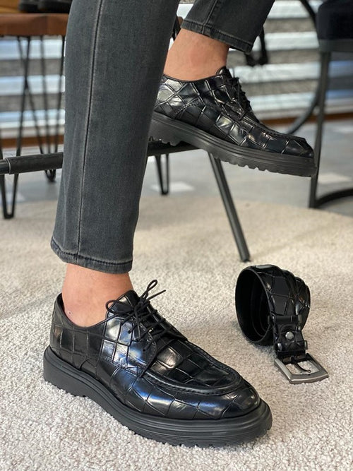 Sardinelli Cadiz Crocodile Pattern Black Derby Shoes