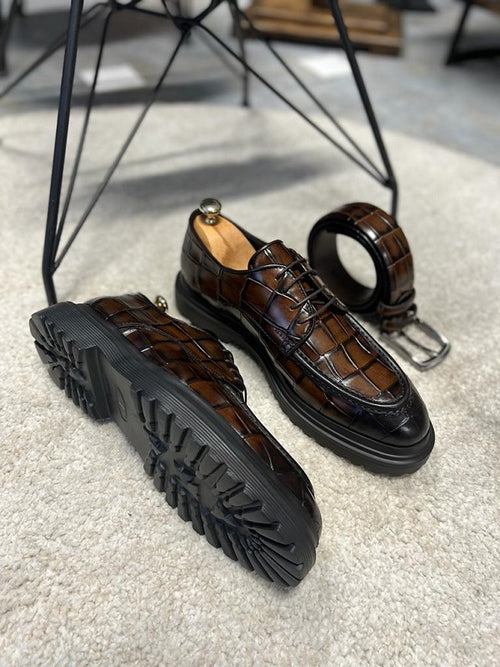 Sardinelli Cadiz Crocodile Pattern Brown Derby Shoes