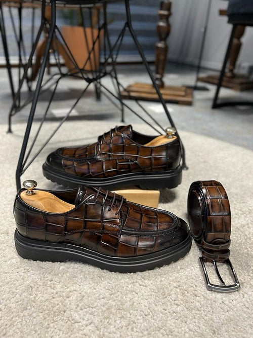 Sardinelli Cadiz Crocodile Pattern Brown Derby Shoes