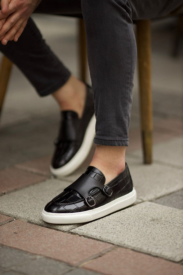 Sardinelli Lecce Black Crocodile Pattern Monk Strap Shoes
