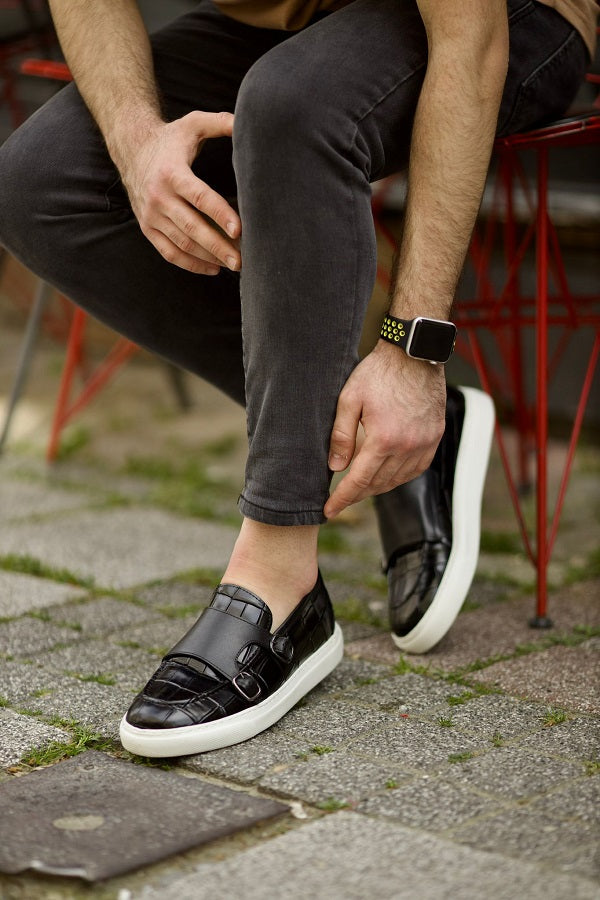 Sardinelli Lecce Black Crocodile Pattern Monk Strap Shoes