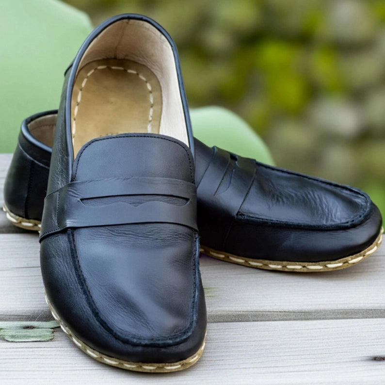 Sardinelli Men's Handmade Black Barefoot Penny Loafers