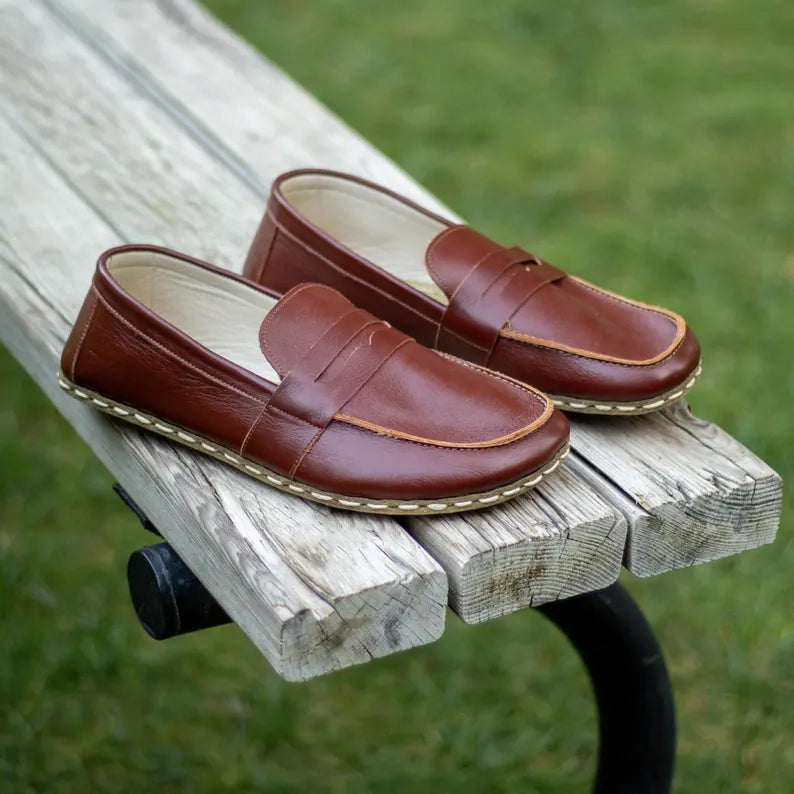 Sardinelli Men's Handmade Classic Brown Barefoot Penny Loafers