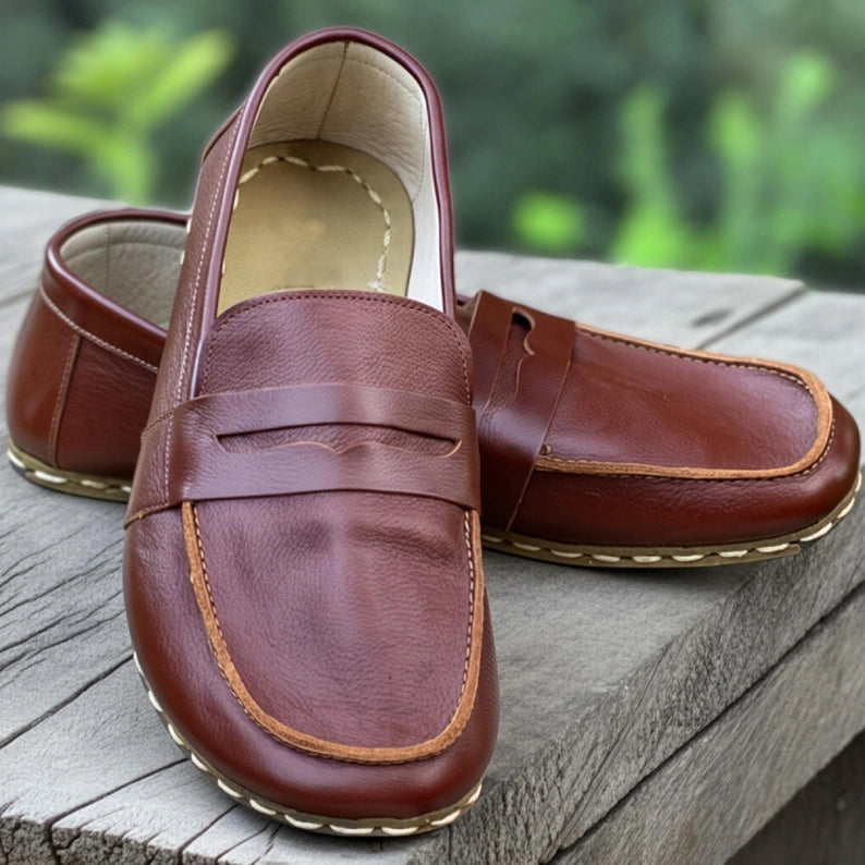 Sardinelli Men's Handmade Classic Brown Barefoot Penny Loafers