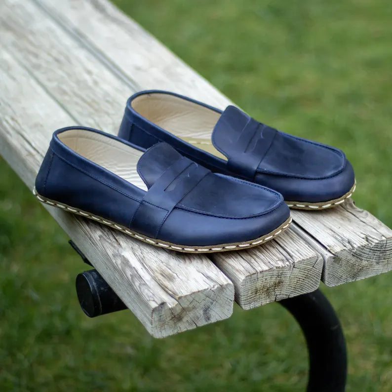 Sardinelli Men's Handmade Navy Blue Barefoot Penny Loafers