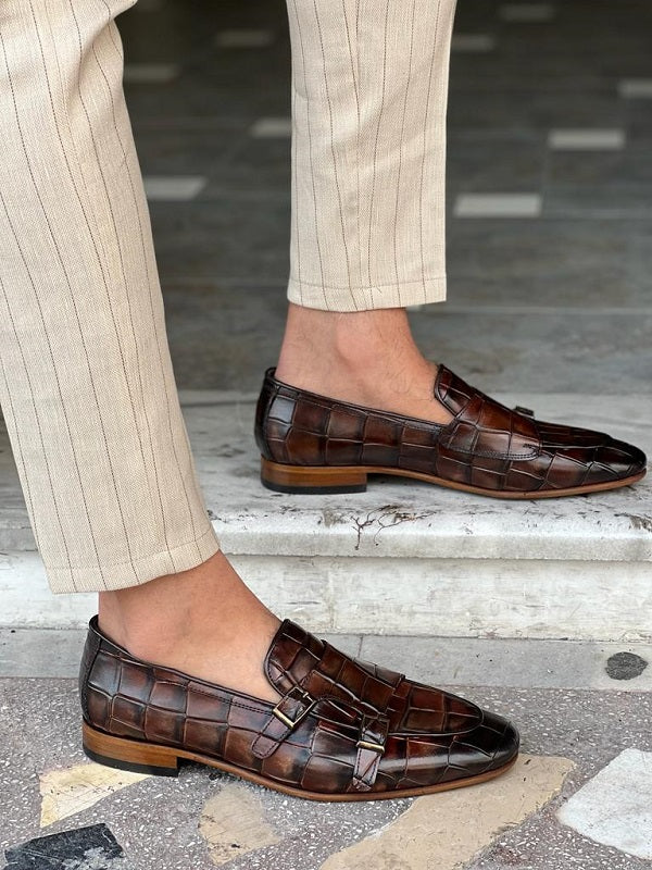 Sardinelli Murcia Brown Crocodile Pattern Monk Strap Loafers