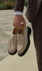 Sardinelli Beige Suede Penny Loafers with lug sole