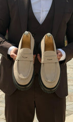 Sardinelli Beige Suede Penny Loafers with lug sole