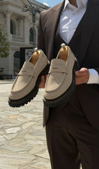 Sardinelli Beige Suede Penny Loafers with lug sole