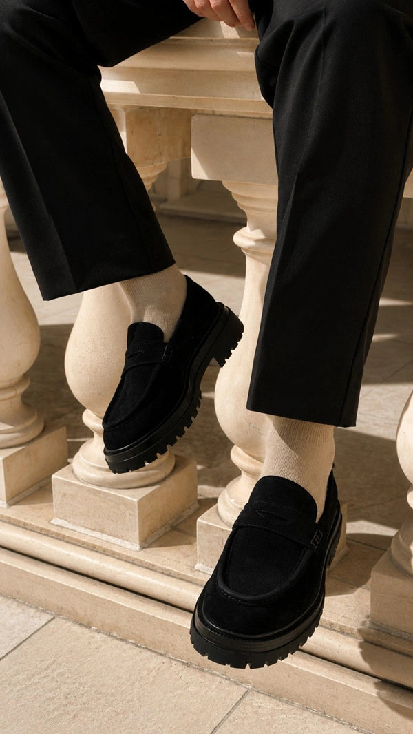 Pamplona Black Suede Penny Loafers