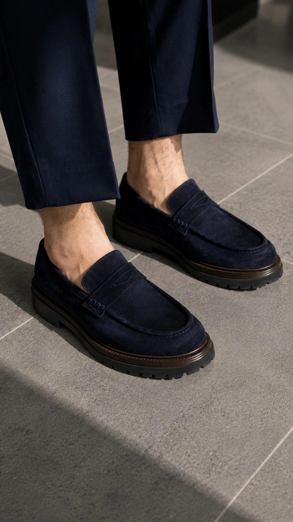 Pamplona Navy Blue Suede Penny Loafers