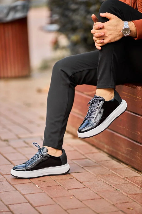 Black Patent Leather Lace Up Sneakers - Shiny Dress Shoes 41 Black Patent Leather Lace Up Sneakers - Shiny Dress Shoes 41