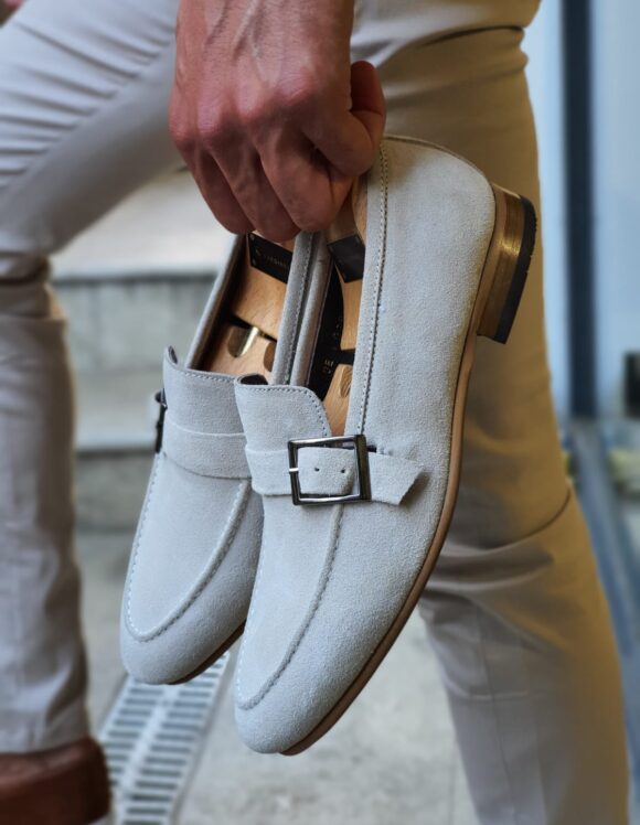 Beige Suede Buckle Loafers by SardinelliStore.com with Free Worldwide Shipping