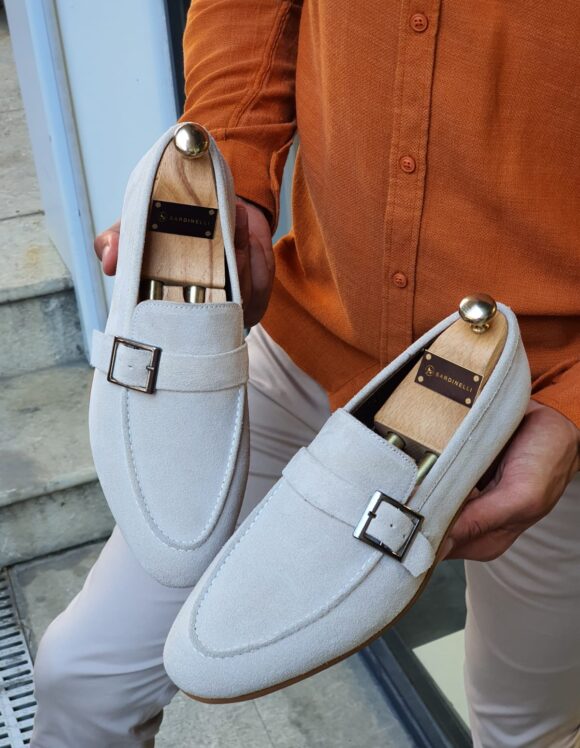 Beige Suede Buckle Loafers by SardinelliStore.com with Free Worldwide Shipping