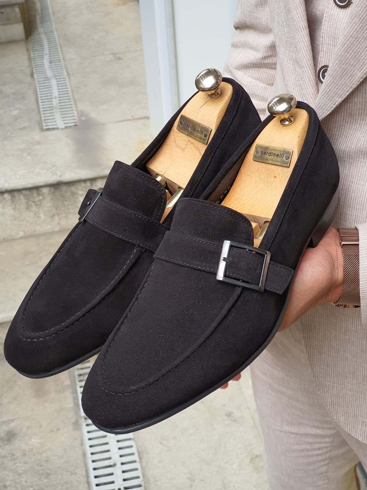Buy Black Suede Buckle Loafers by Sardinelli | Free Worldwide Shipping