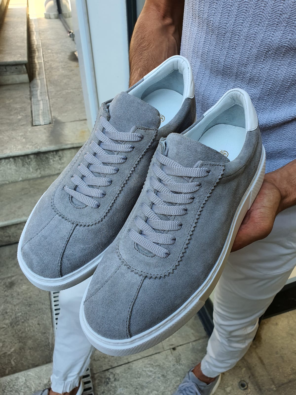 gray suede sneakers