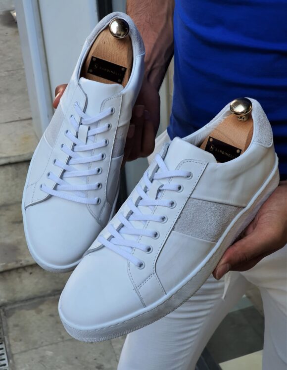 White Mid-Top Laced Sneakers by SardinelliStore.com with Free Worldwide Shipping