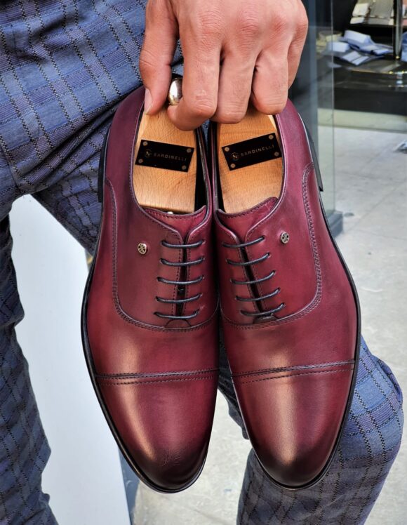 Burgundy Cap Toe Wholecut Oxfords by SardinelliStore.com with Free Worldwide Shipping