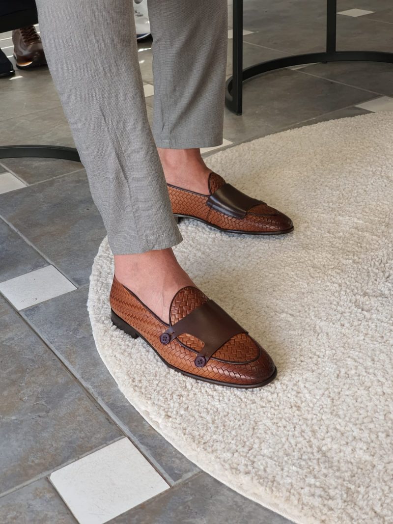 Sardinelli Cuneo Tan Woven Leather Double Monk Strap Loafers