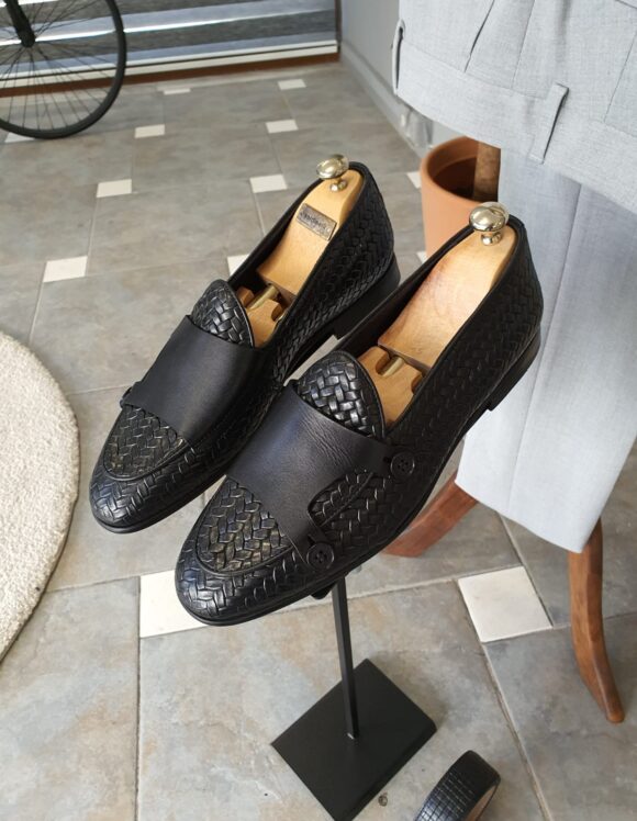 Sardinelli Black Woven Leather Double Monk Strap Loafers