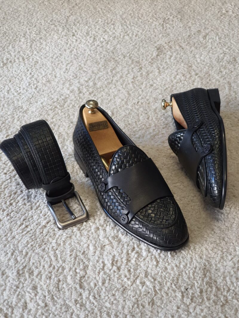 Sardinelli Black Woven Leather Double Monk Strap Loafers
